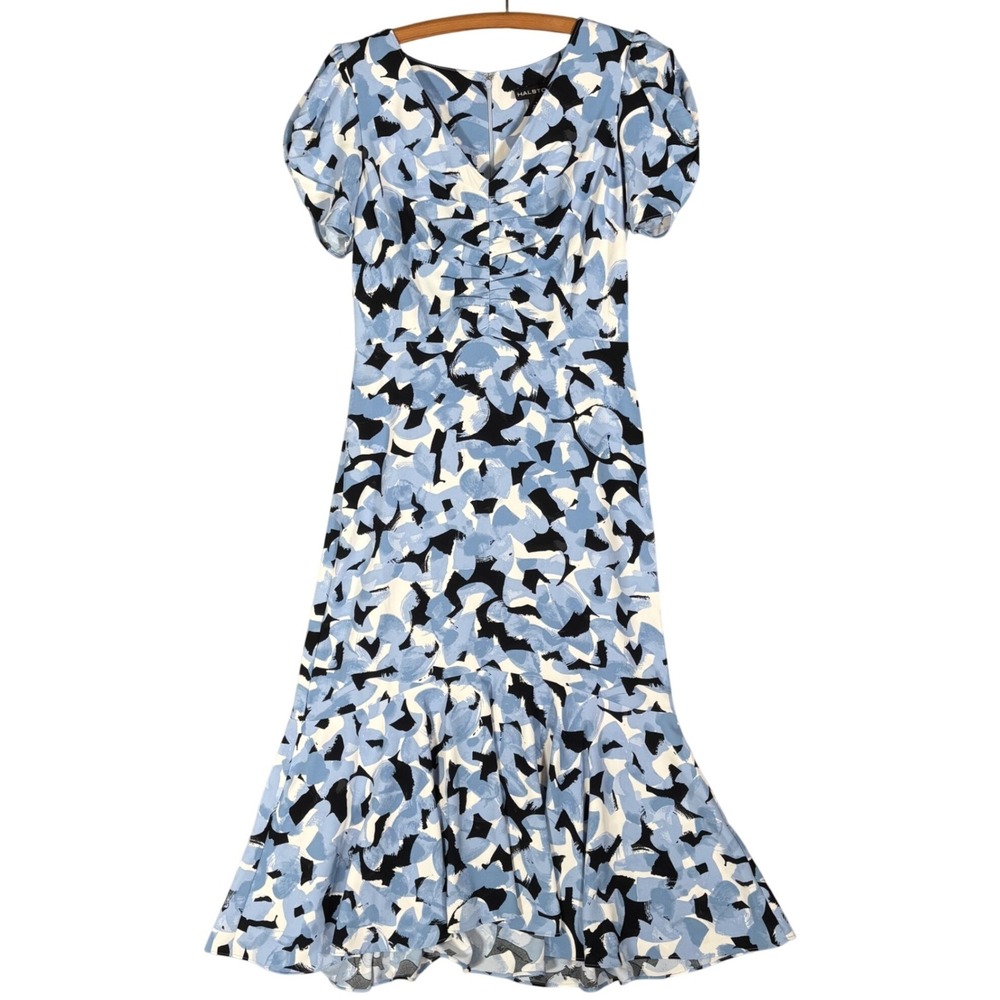 Halston Blue Abstract‎ Brushstroke Puff Sleeve Midi Dress Size 8 Flowy Wedding